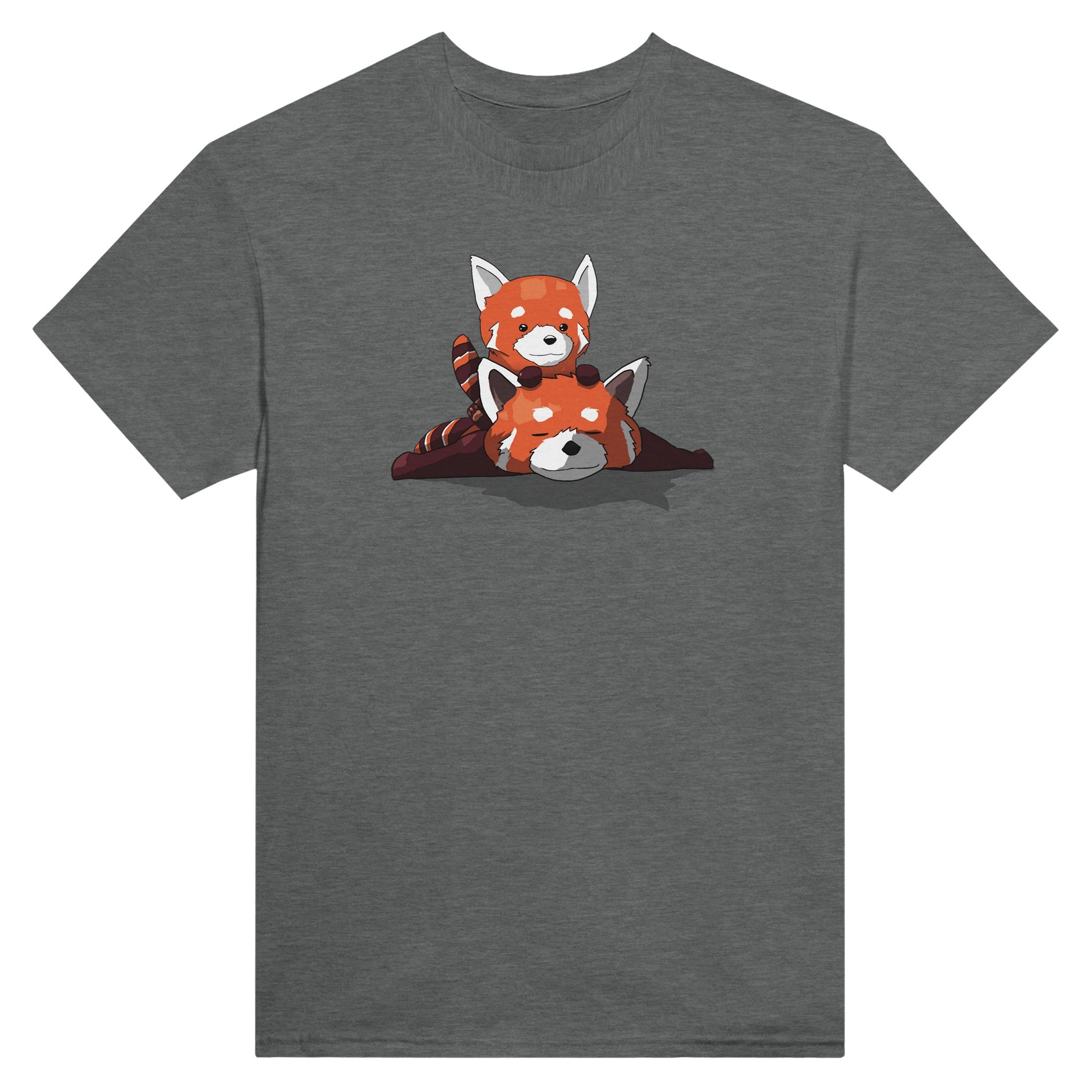 Graphite heather coloured t-shirt featuring a cute print of two red pandas, one lying down with the other resting on its back.