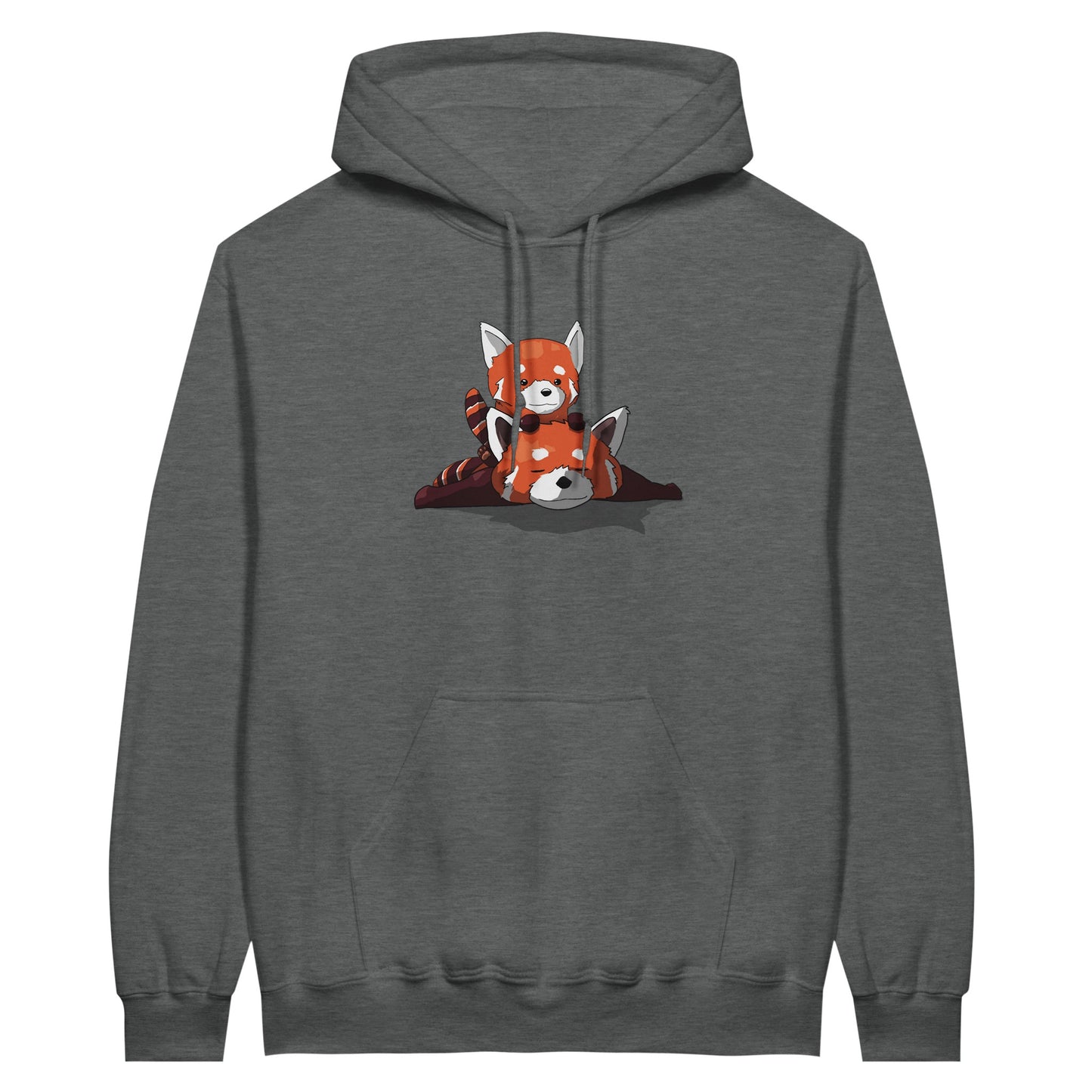 Graphite heather coloured value hoodie featuring a cute print of two red pandas, one lying down with the other resting on its back.