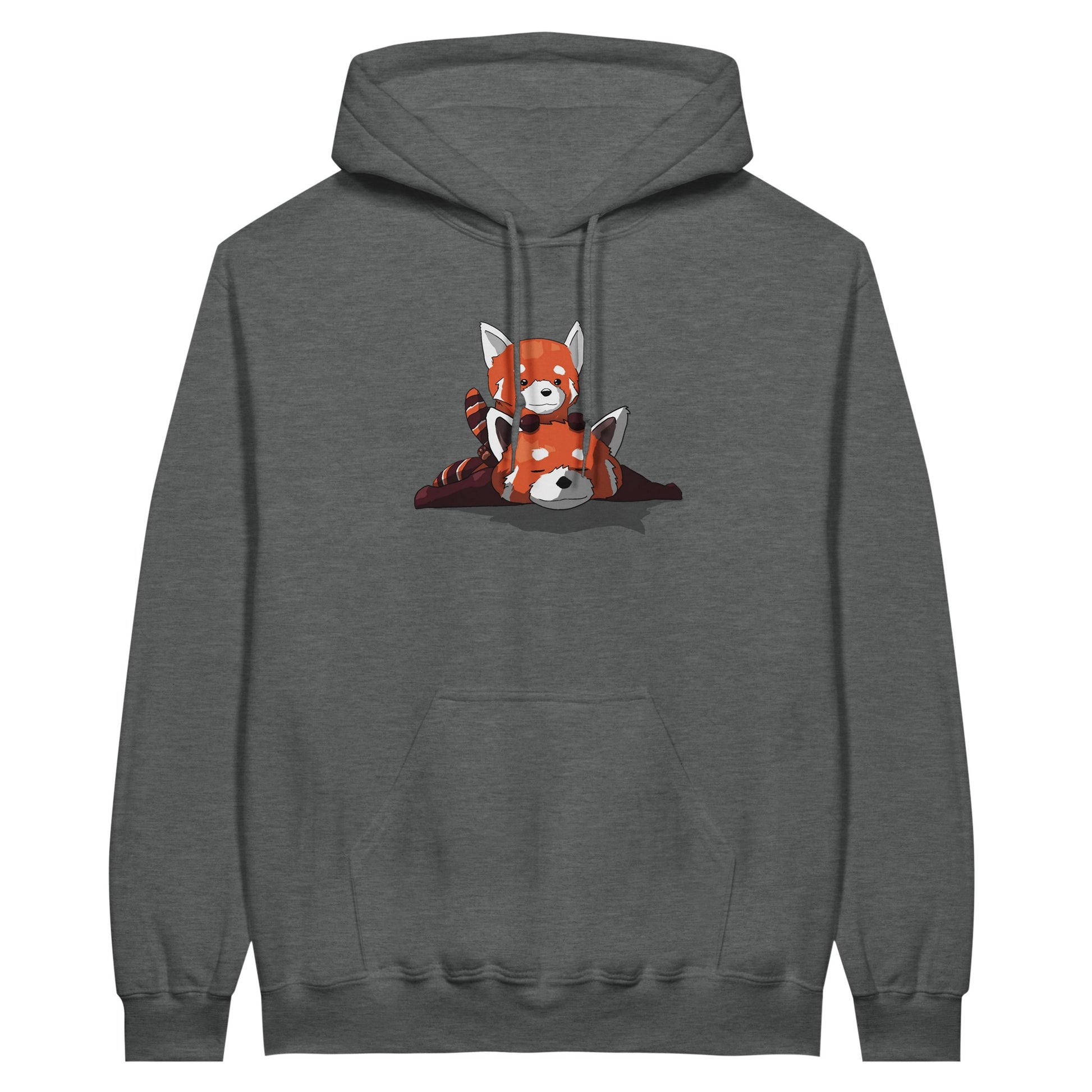 Graphite heather coloured value hoodie featuring a cute print of two red pandas, one lying down with the other resting on its back.