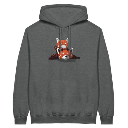 Graphite heather coloured value hoodie featuring a cute print of two red pandas, one lying down with the other resting on its back.