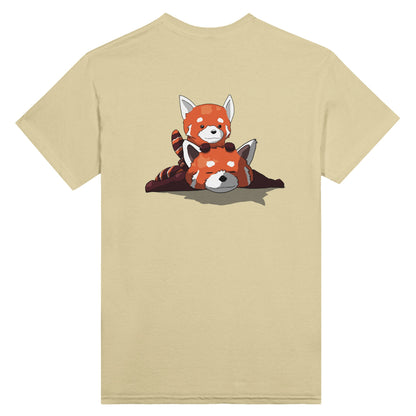 Natural coloured t-shirt featuring a cute print of two red pandas, one lying down with the other resting on its back.