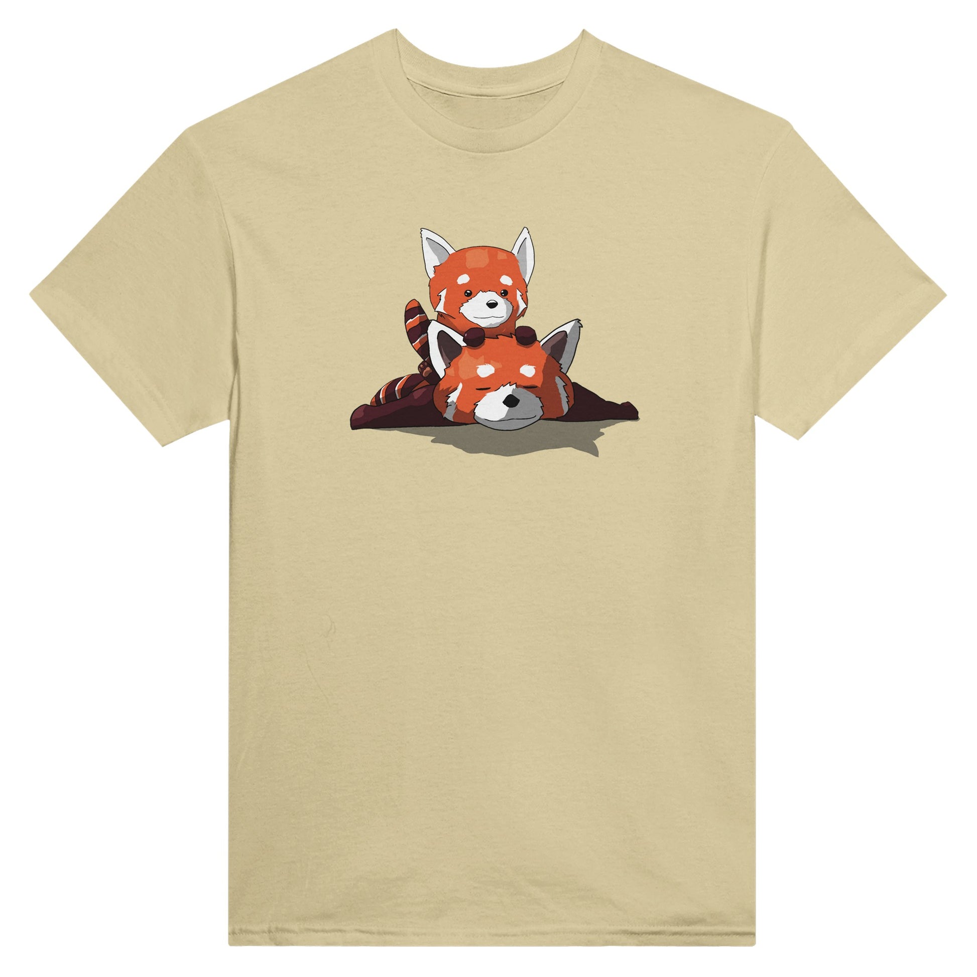 Natural coloured t-shirt featuring a cute print of two red pandas, one lying down with the other resting on its back.