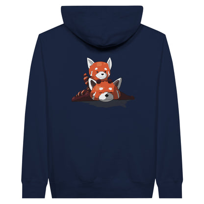 Navy premium hoodie featuring a cute print of two red pandas, one lying down with the other resting on its back.