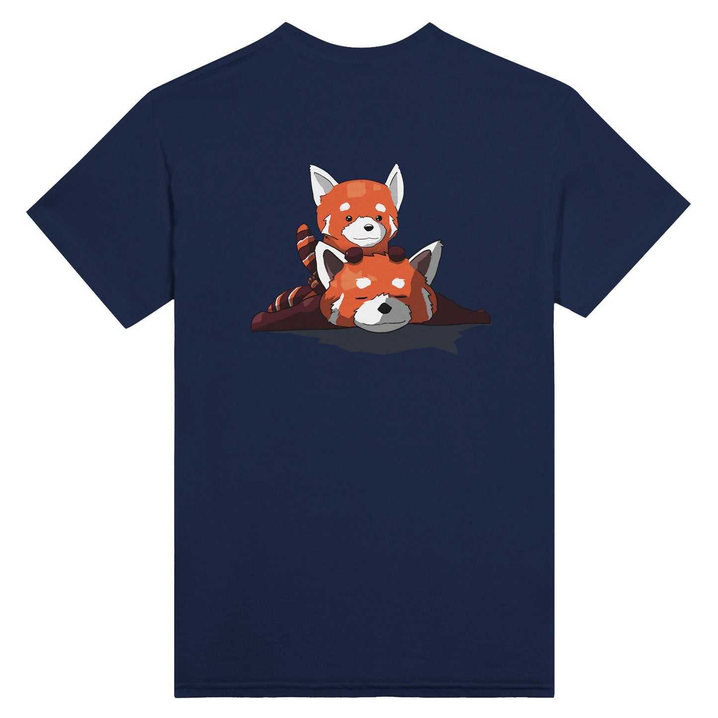 Navy t-shirt featuring a cute print of two red pandas, one lying down with the other resting on its back.