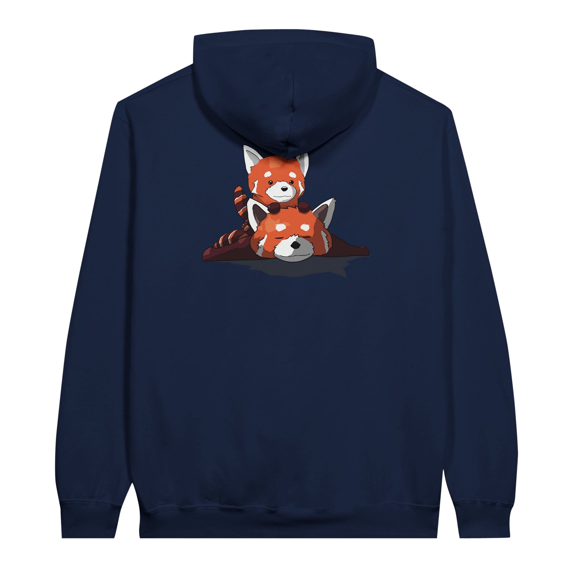 Navy value hoodie featuring a cute print of two red pandas, one lying down with the other resting on its back.