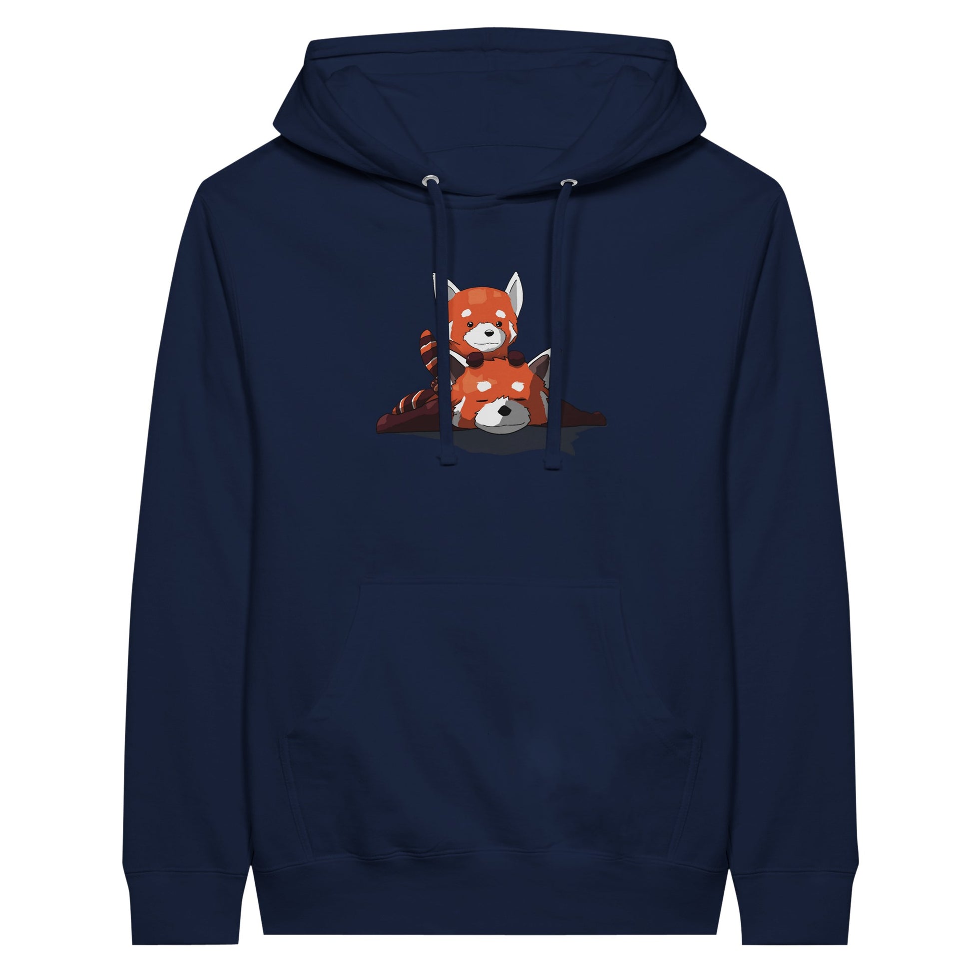 Navy premium hoodie featuring a cute print of two red pandas, one lying down with the other resting on its back.