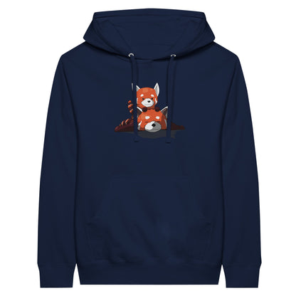 Navy premium hoodie featuring a cute print of two red pandas, one lying down with the other resting on its back.