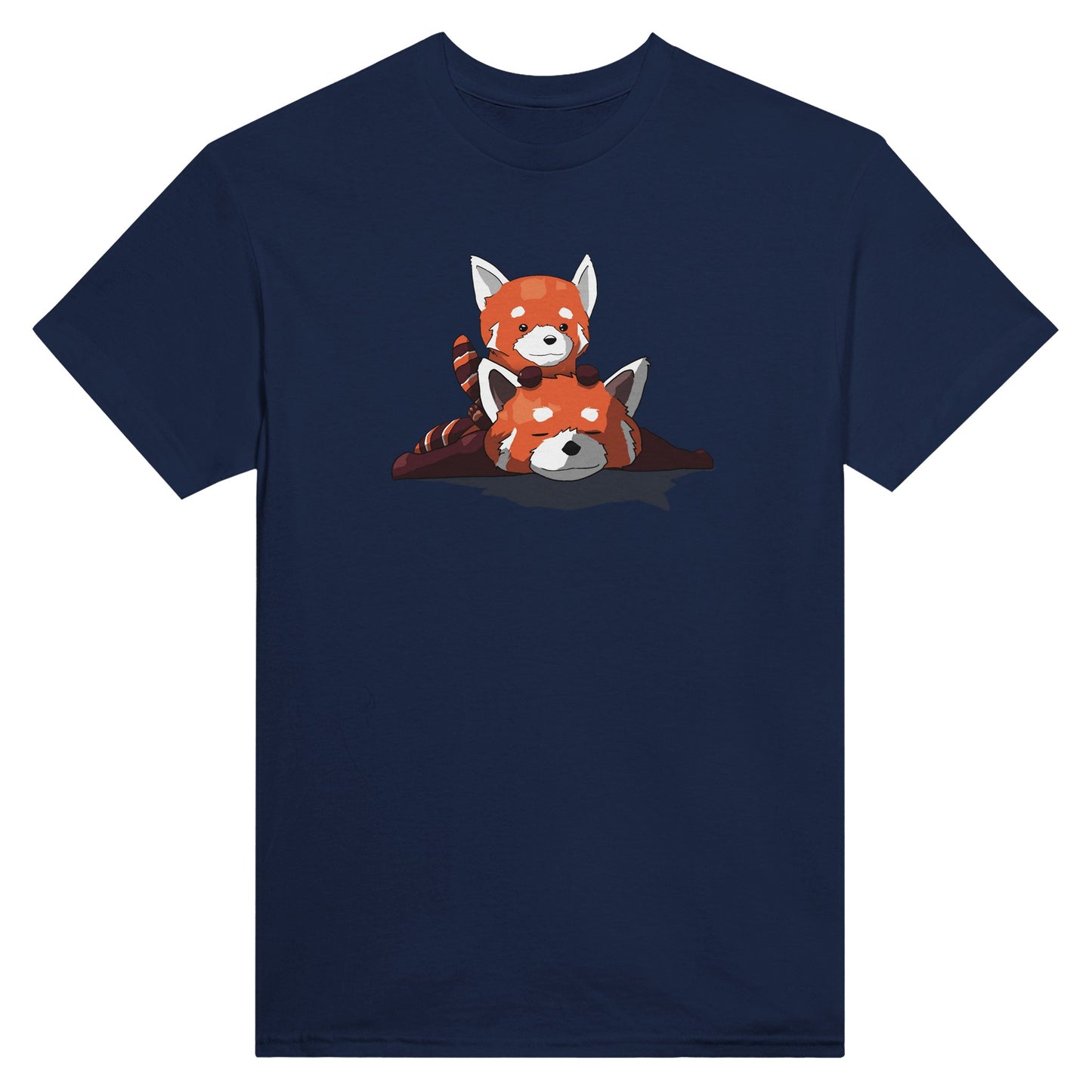 Navy t-shirt featuring a cute print of two red pandas, one lying down with the other resting on its back.