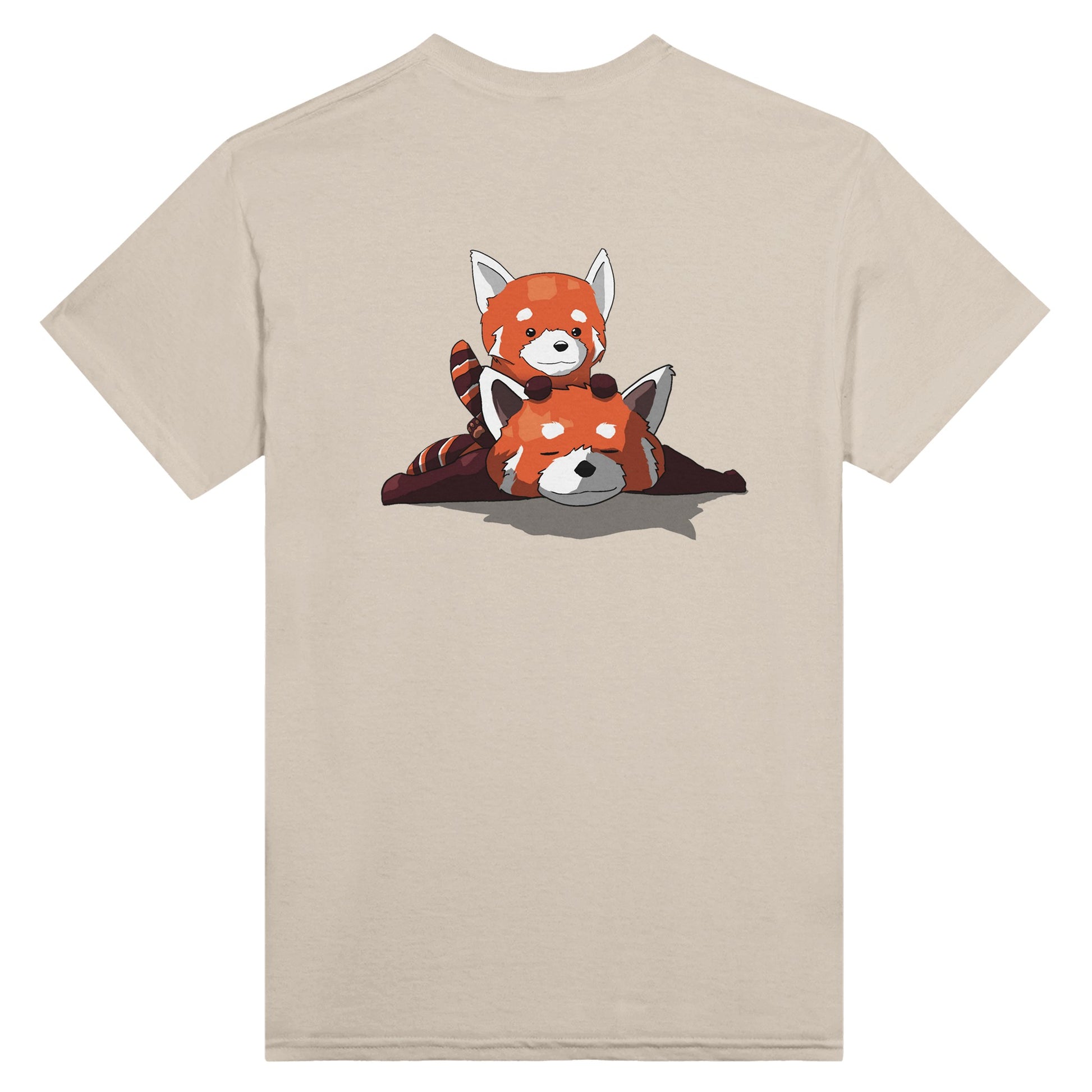 Sand coloured t-shirt featuring a cute print of two red pandas, one lying down with the other resting on its back.