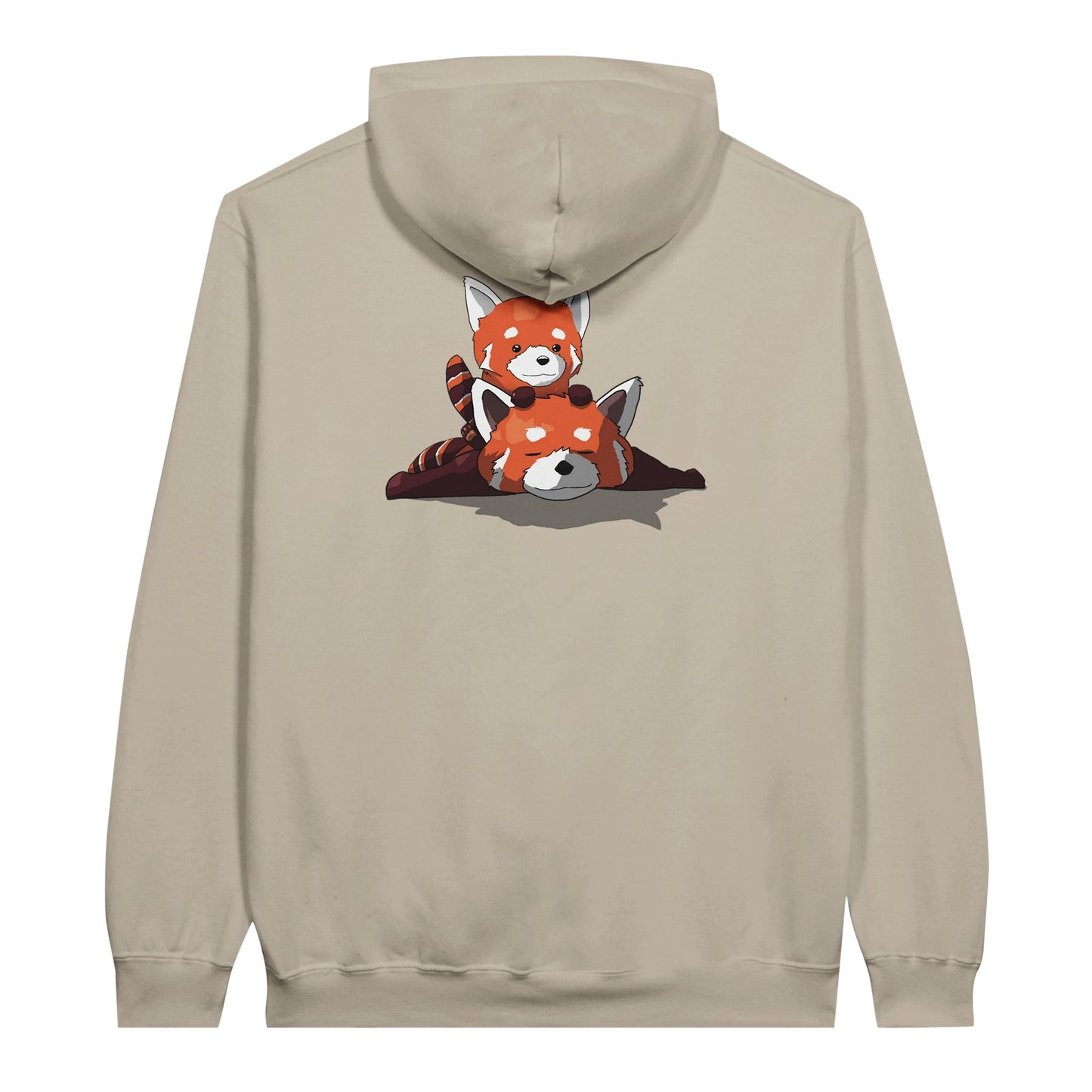 Sand coloured value hoodie featuring a cute print of two red pandas, one lying down with the other resting on its back.