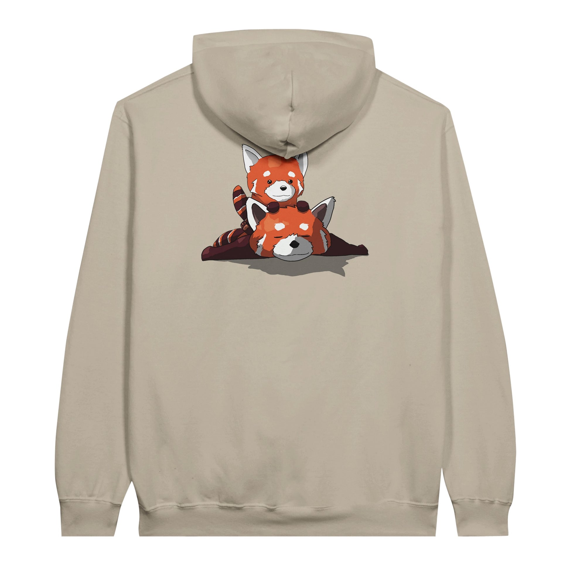 Sand coloured value hoodie featuring a cute print of two red pandas, one lying down with the other resting on its back.