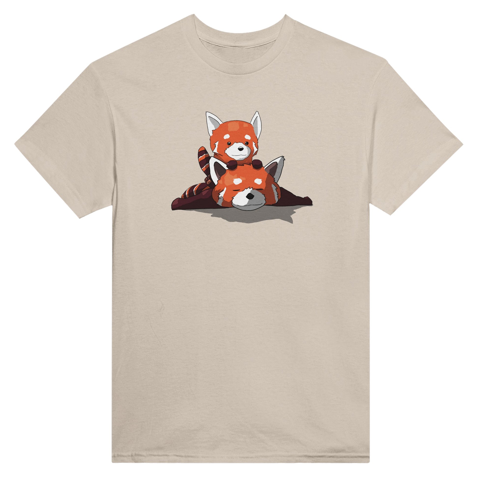 Sand coloured t-shirt featuring a cute print of two red pandas, one lying down with the other resting on its back.