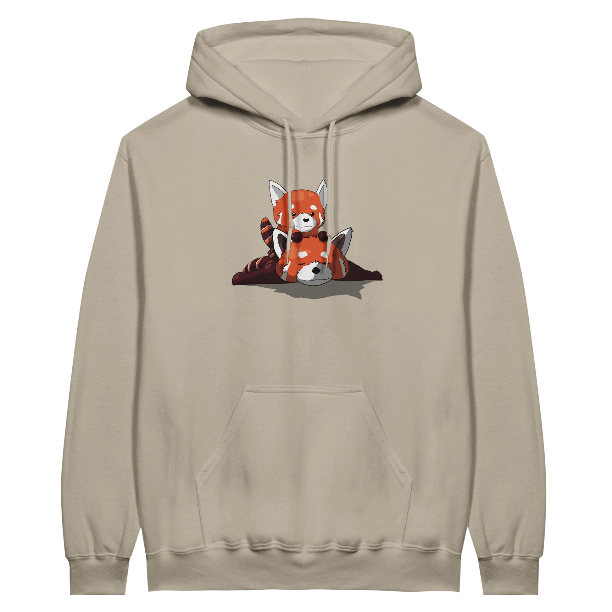 Sand coloured value hoodie featuring a cute print of two red pandas, one lying down with the other resting on its back.