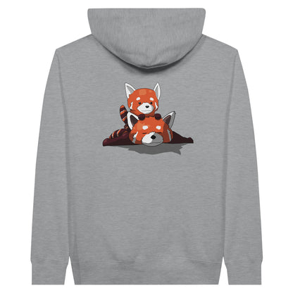 Sports grey coloured premium hoodie featuring a cute print of two red pandas, one lying down with the other resting on its back.