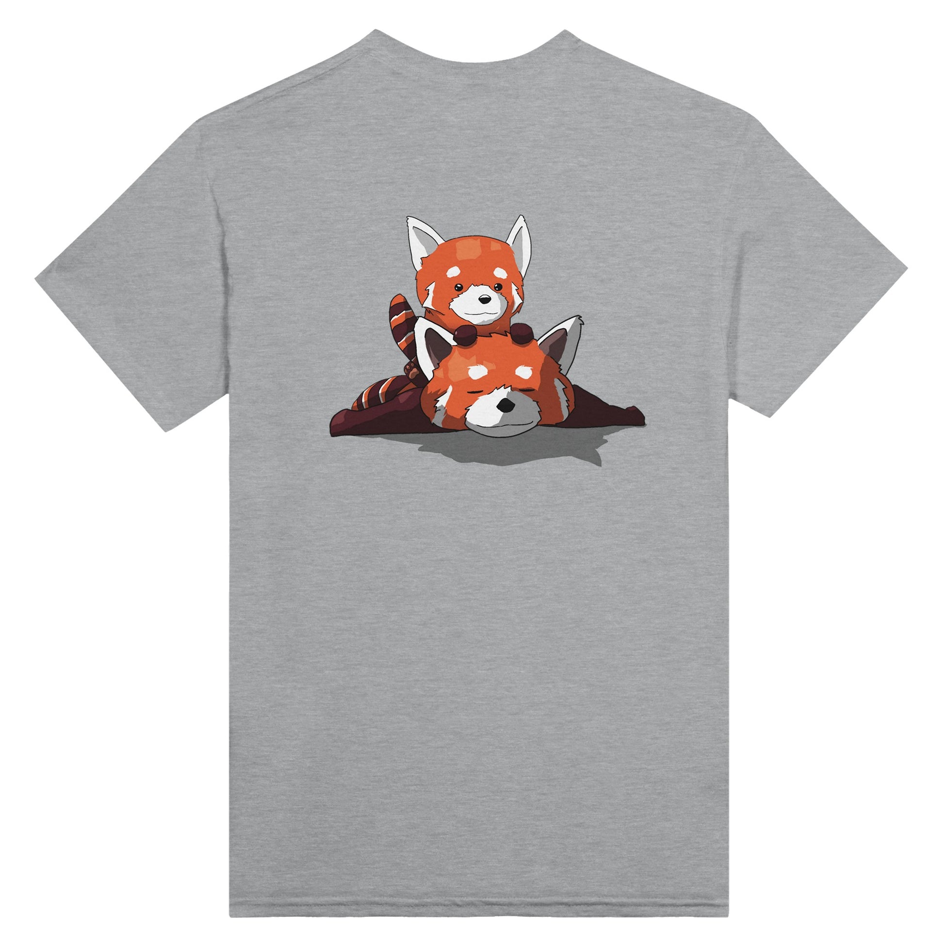 Sports grey coloured t-shirt featuring a cute print of two red pandas, one lying down with the other resting on its back.