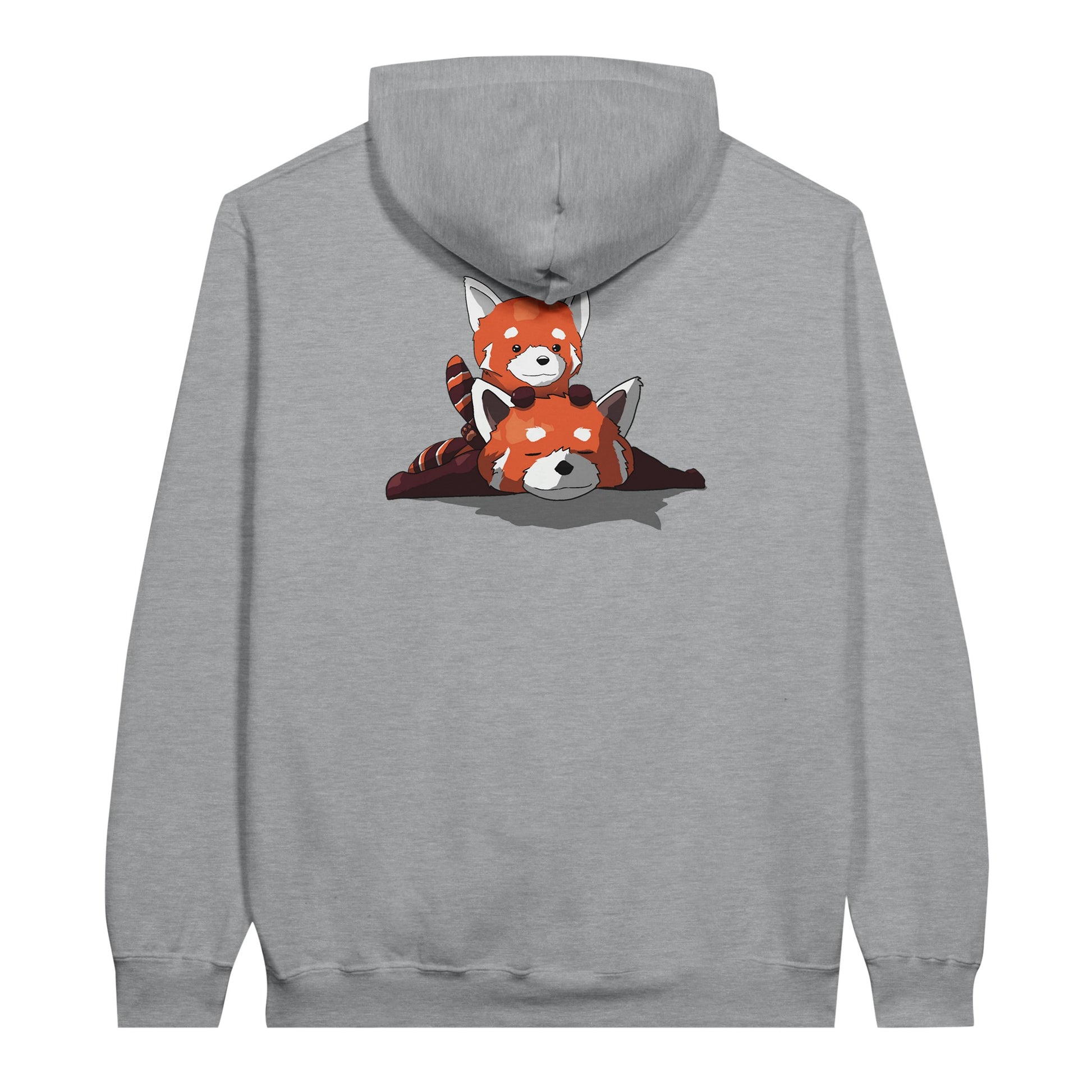 Sports grey coloured value hoodie featuring a cute print of two red pandas, one lying down with the other resting on its back.