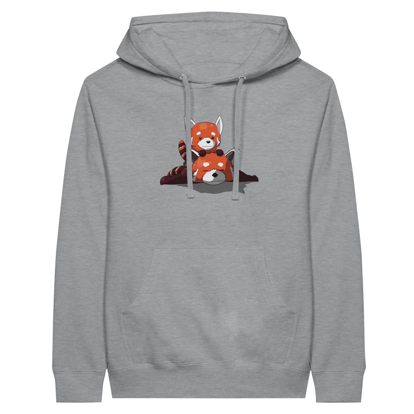 Sports grey coloured premium hoodie featuring a cute print of two red pandas, one lying down with the other resting on its back.