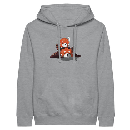 Sports grey coloured premium hoodie featuring a cute print of two red pandas, one lying down with the other resting on its back.