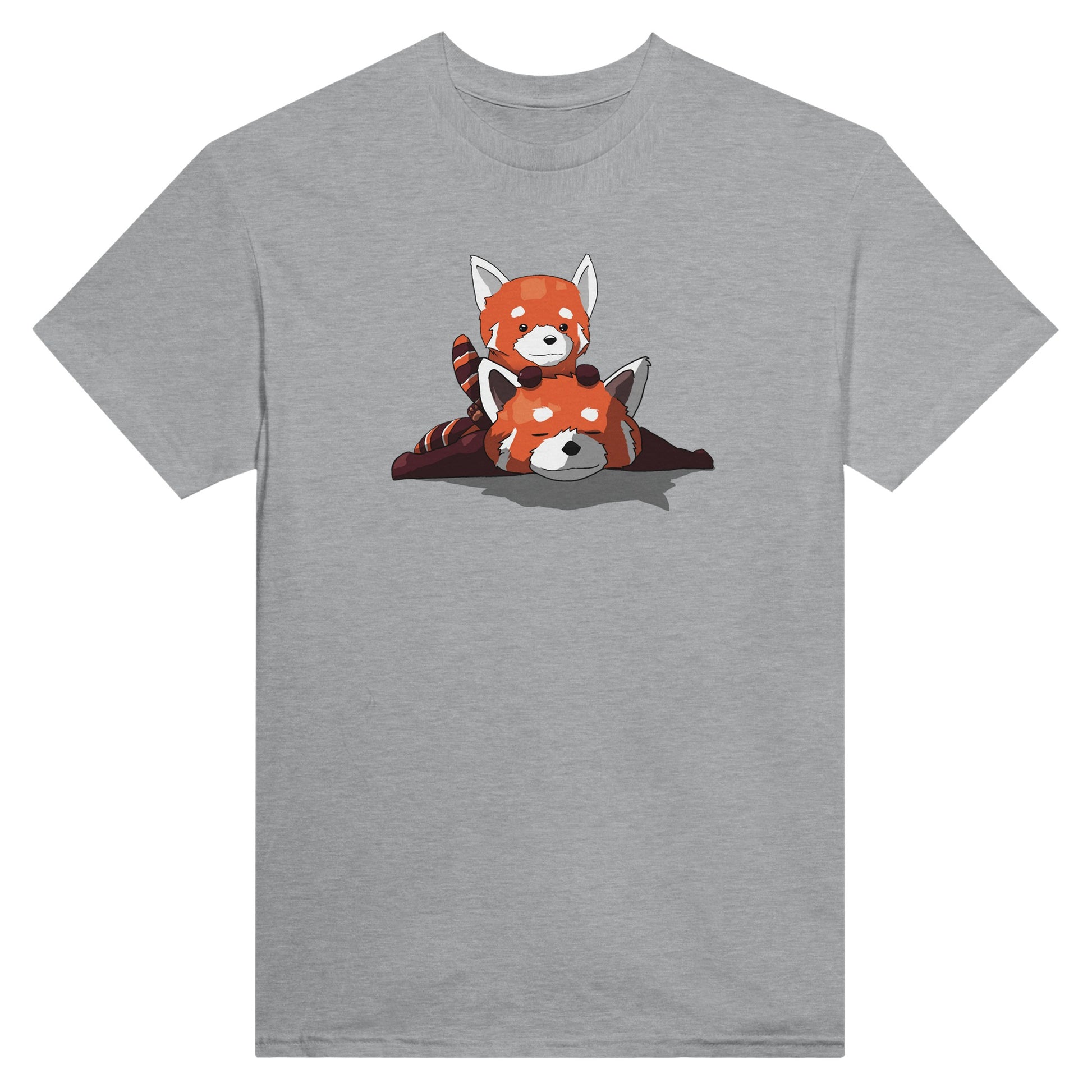 Sports grey coloured t-shirt featuring a cute print of two red pandas, one lying down with the other resting on its back.