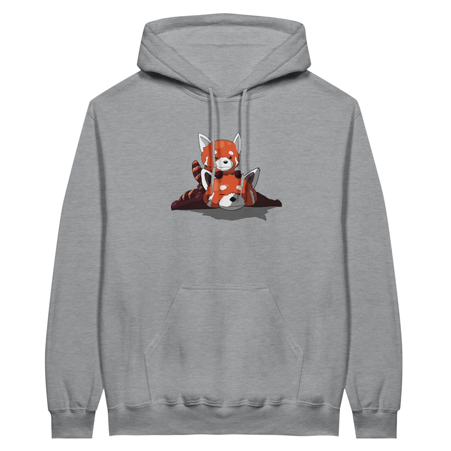 Sports grey coloured value hoodie featuring a cute print of two red pandas, one lying down with the other resting on its back.