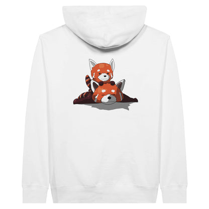 White premium hoodie featuring a cute print of two red pandas, one lying down with the other resting on its back.