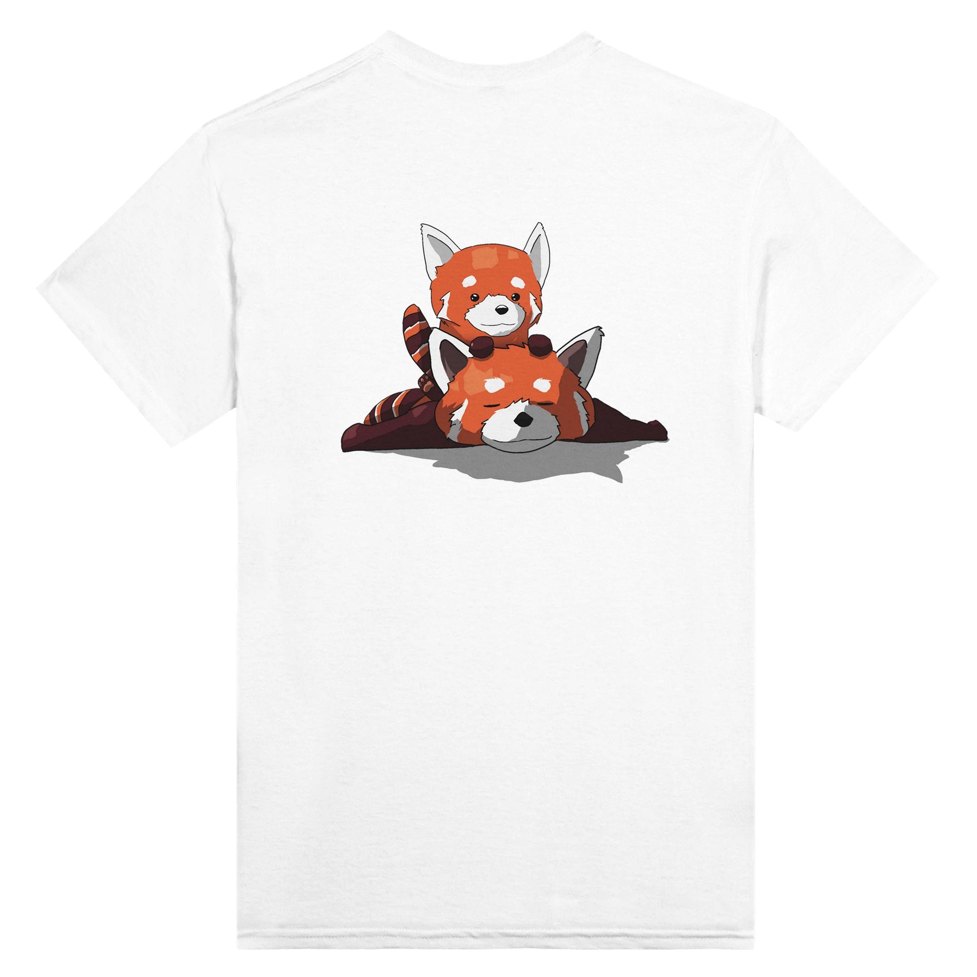 White t-shirt featuring a cute print of two red pandas, one lying down with the other resting on its back.