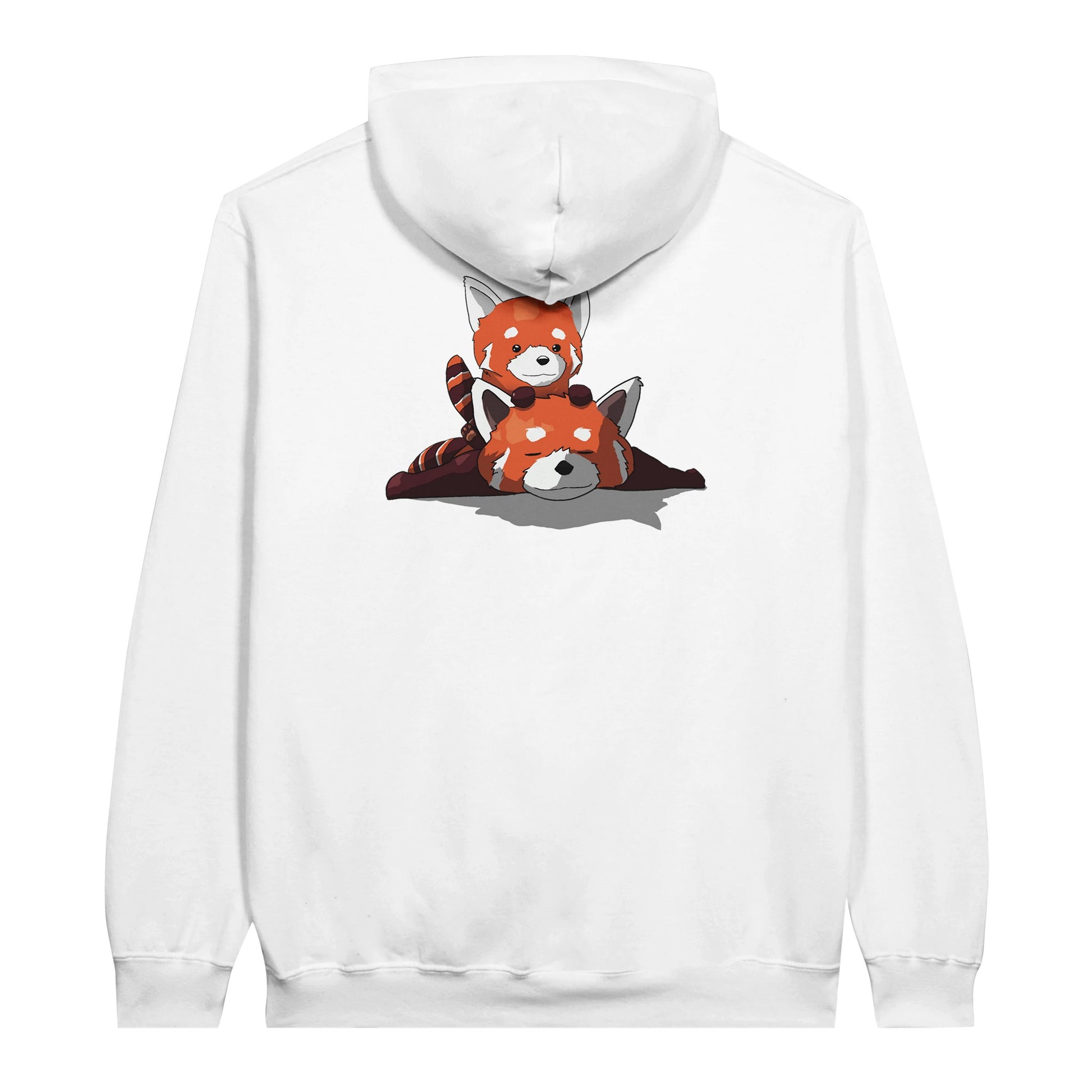 White value hoodie featuring a cute print of two red pandas, one lying down with the other resting on its back.