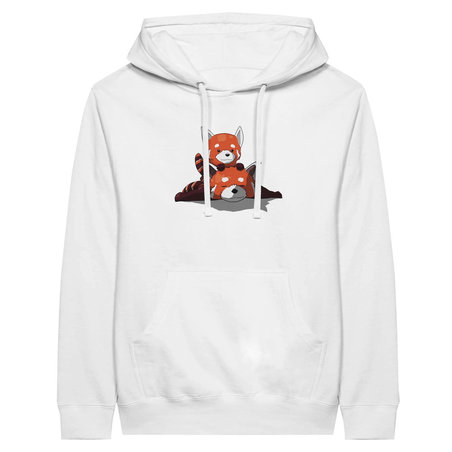 White premium hoodie featuring a cute print of two red pandas, one lying down with the other resting on its back.