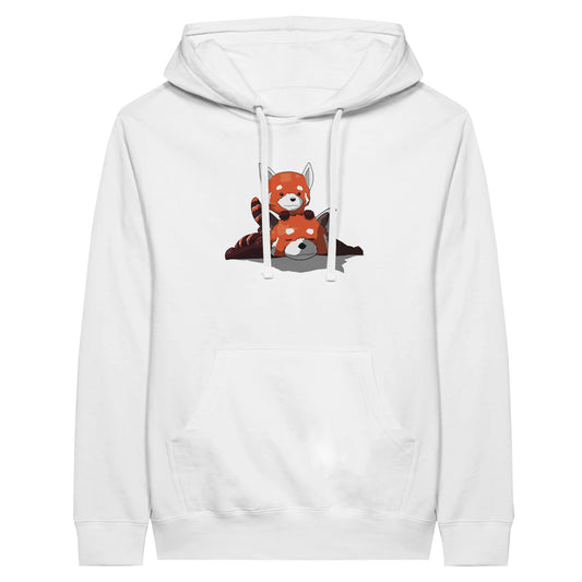 White premium hoodie featuring a cute print of two red pandas, one lying down with the other resting on its back.