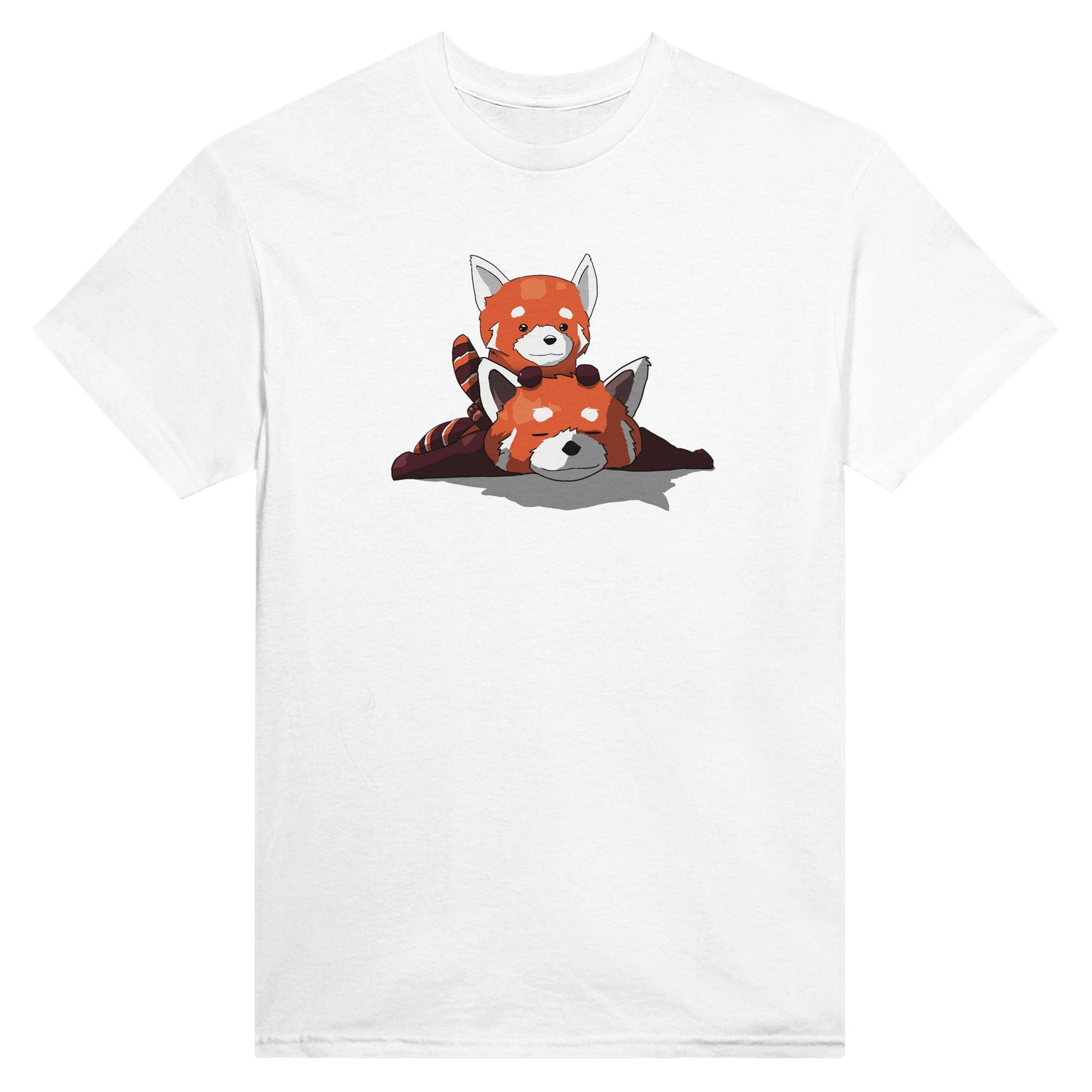 White t-shirt featuring a cute print of two red pandas, one lying down with the other resting on its back.