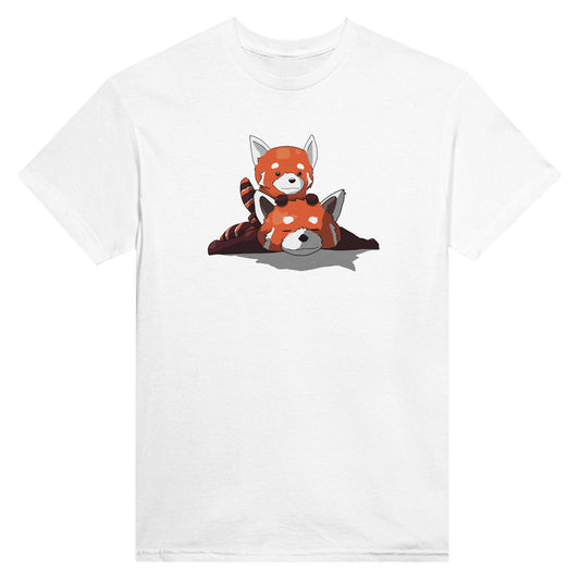 White t-shirt featuring a cute print of two red pandas, one lying down with the other resting on its back.