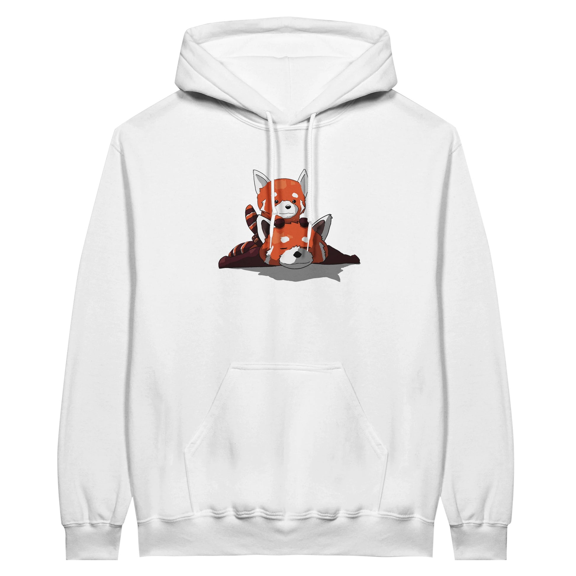 White value hoodie featuring a cute print of two red pandas, one lying down with the other resting on its back.